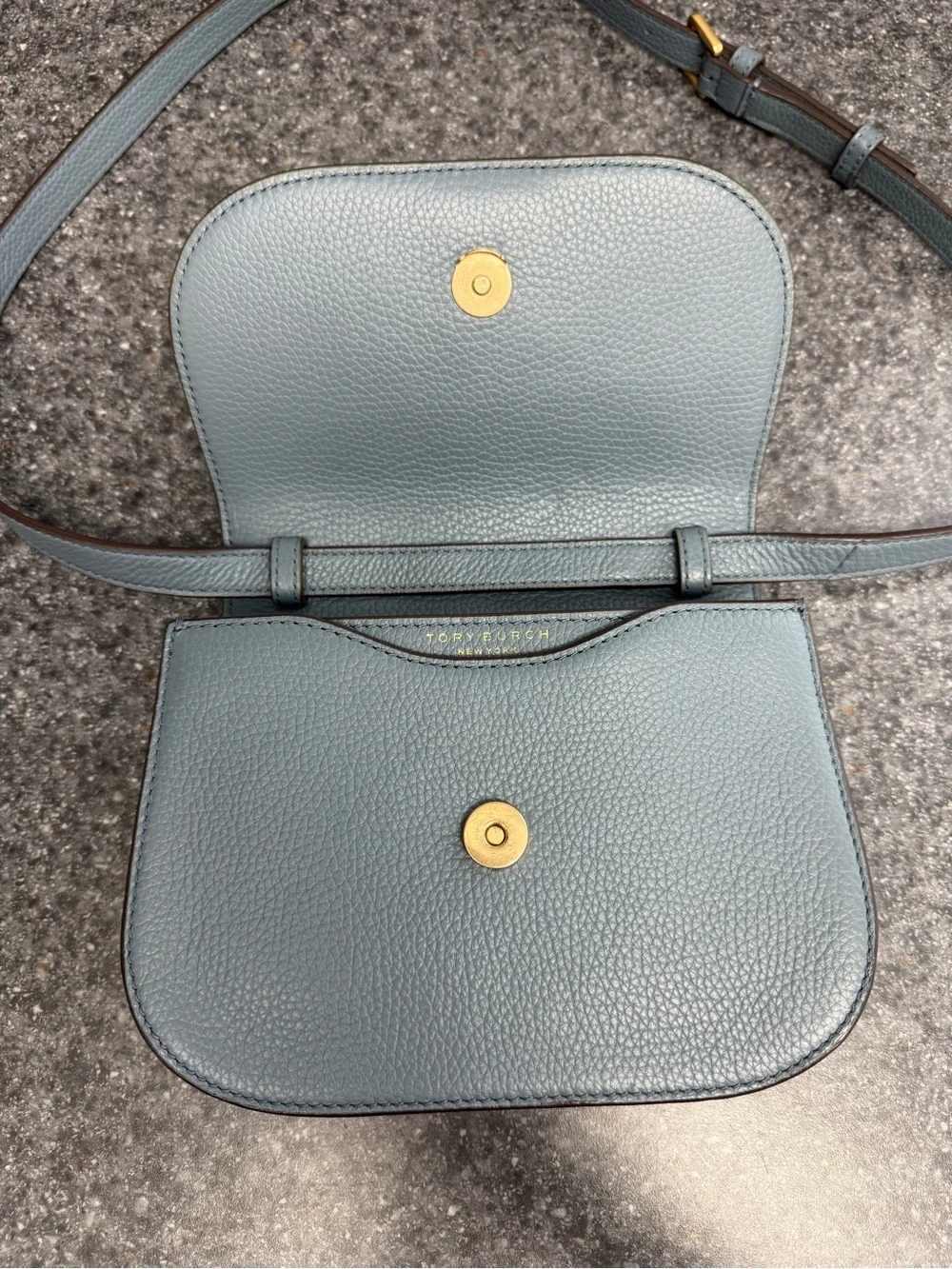 NWOT Tory Burch Britten Logo Saddle Bag Slate Blue/Brunnera Pebble Leather $458